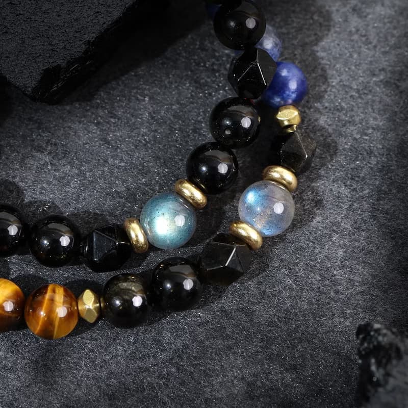領航者 | B15虎眼石藍紋石拉長石黑曜石雙圈手鍊