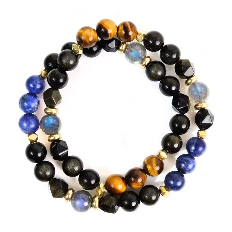 領航者 | B15虎眼石藍紋石拉長石黑曜石雙圈手鍊