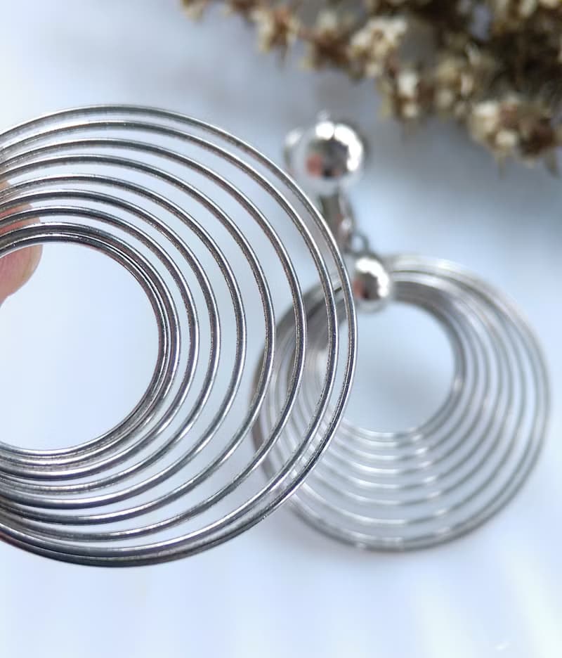 Vintage Jewelry 西洋古董飾品 普普 垂墜 銀色調多圈 夾式耳環