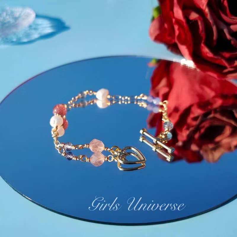 布吉瓦的舞會。坦桑石 淡水珍珠 草莓晶 14K包金 水晶設計手鍊