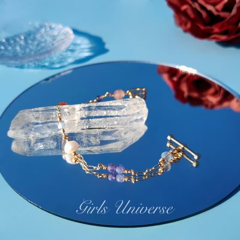 布吉瓦的舞會。坦桑石 淡水珍珠 草莓晶 14K包金 水晶設計手鍊