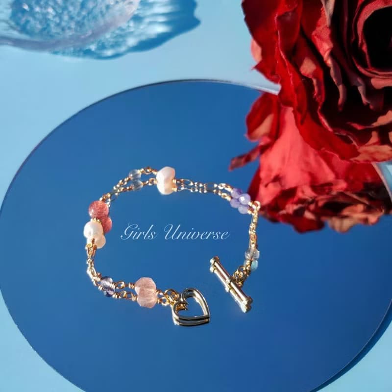 布吉瓦的舞會。坦桑石 淡水珍珠 草莓晶 14K包金 水晶設計手鍊