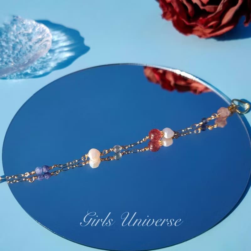 布吉瓦的舞會。坦桑石 淡水珍珠 草莓晶 14K包金 水晶設計手鍊