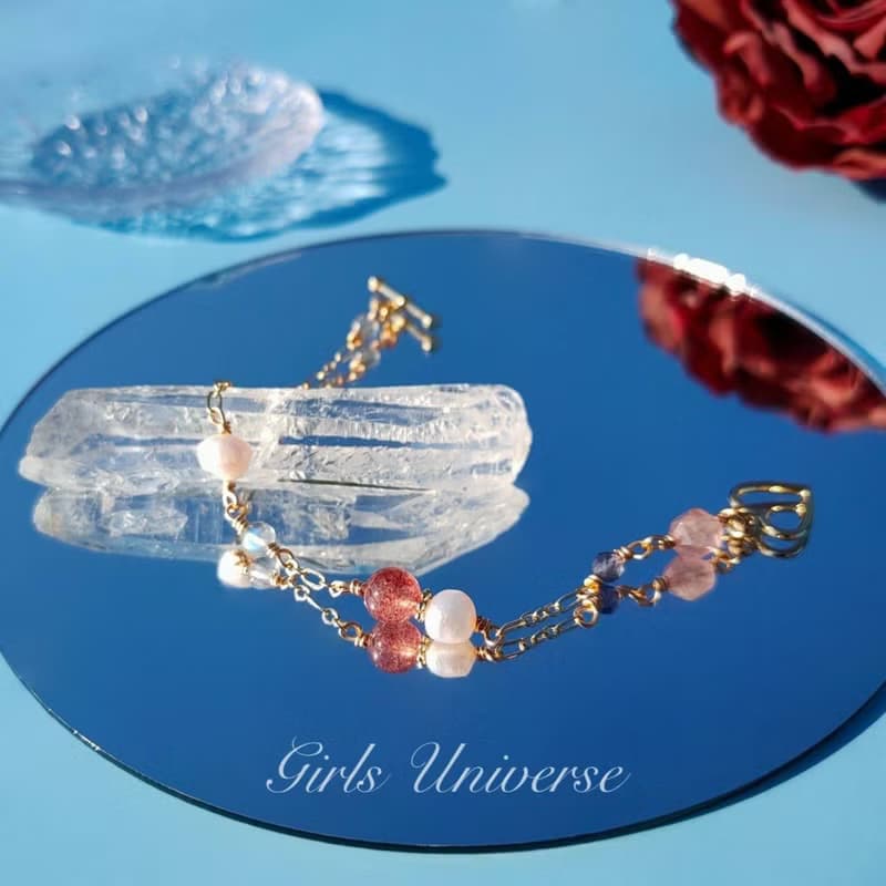 布吉瓦的舞會。坦桑石 淡水珍珠 草莓晶 14K包金 水晶設計手鍊