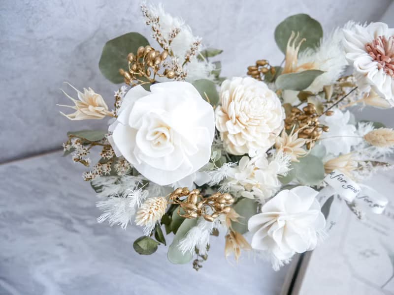 圓盆中大型乾燥花盆花【純白流金】開幕/新居落成/喬遷