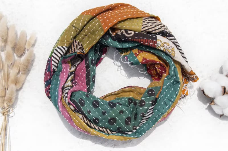 手縫紗麗布拼接絲巾/刺繡絲巾/刺繡圍巾/手縫紗麗線絲巾-珍珠奶茶