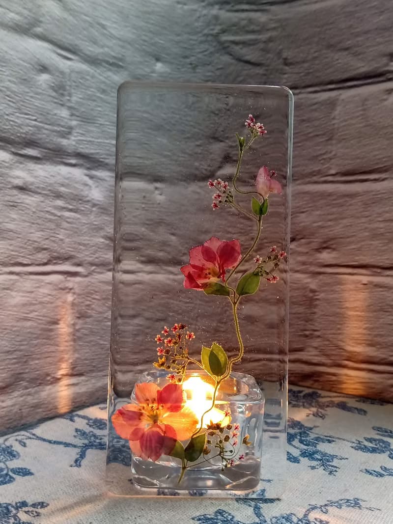 壓花燭台| 療愈LED小夜燈 | 溫馨押花玻璃燭台 | 粉色千鳥