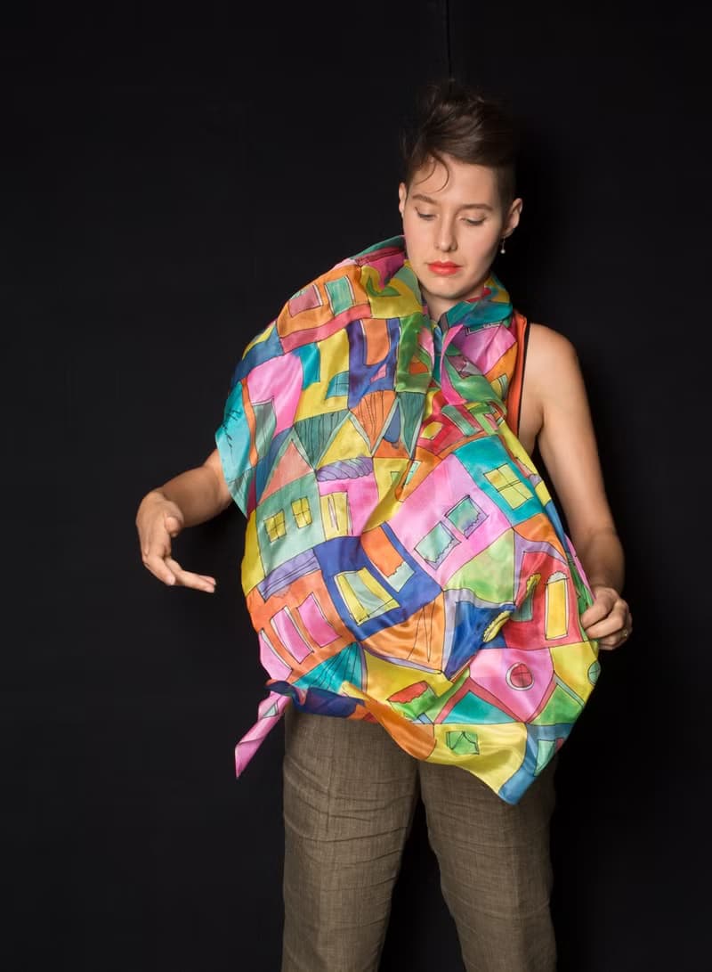 Silk Shawl Hand painted- Crazy Town. Hundertwasser scarf. Luxury Silk Scarf Wrap