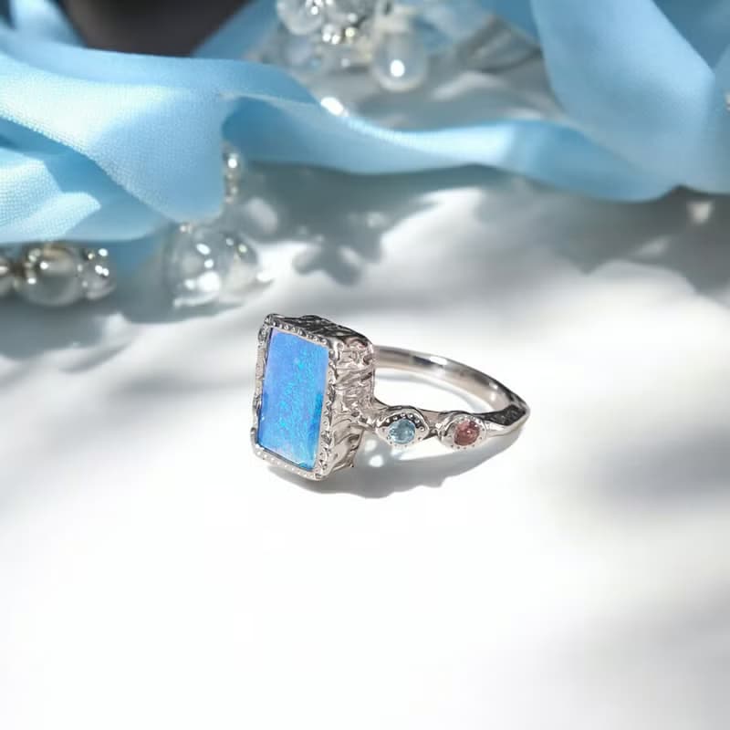 Australian Opal ring with Blue topaz, Pink tourmaline, Silver 925 setting