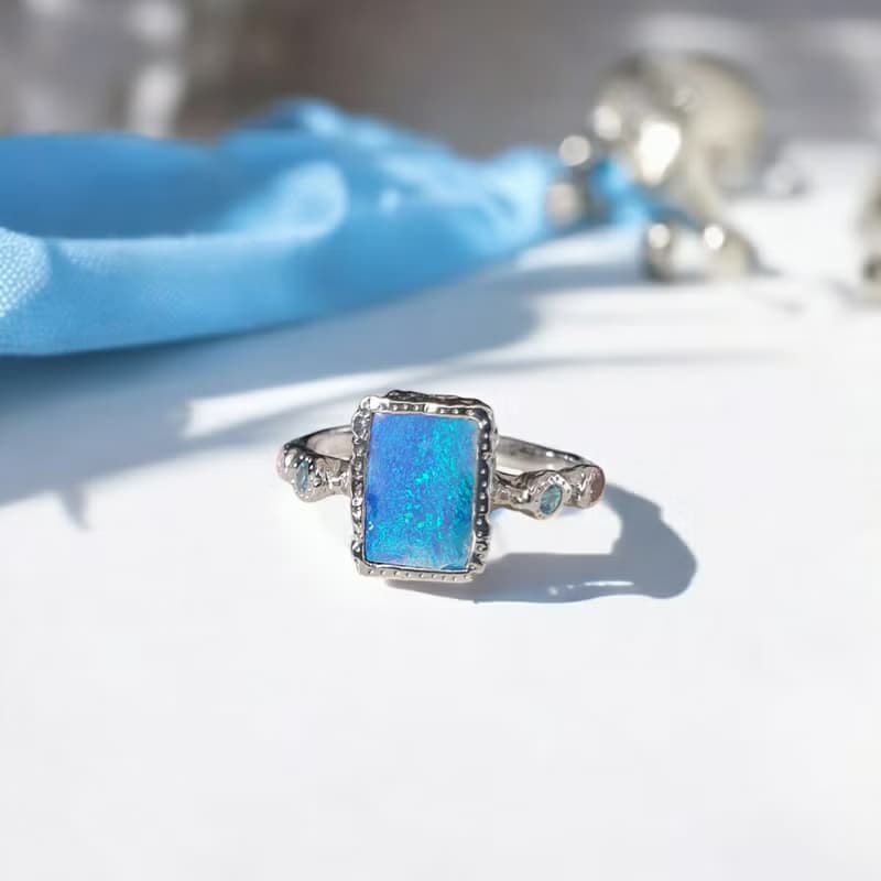 Australian Opal ring with Blue topaz, Pink tourmaline, Silver 925 setting