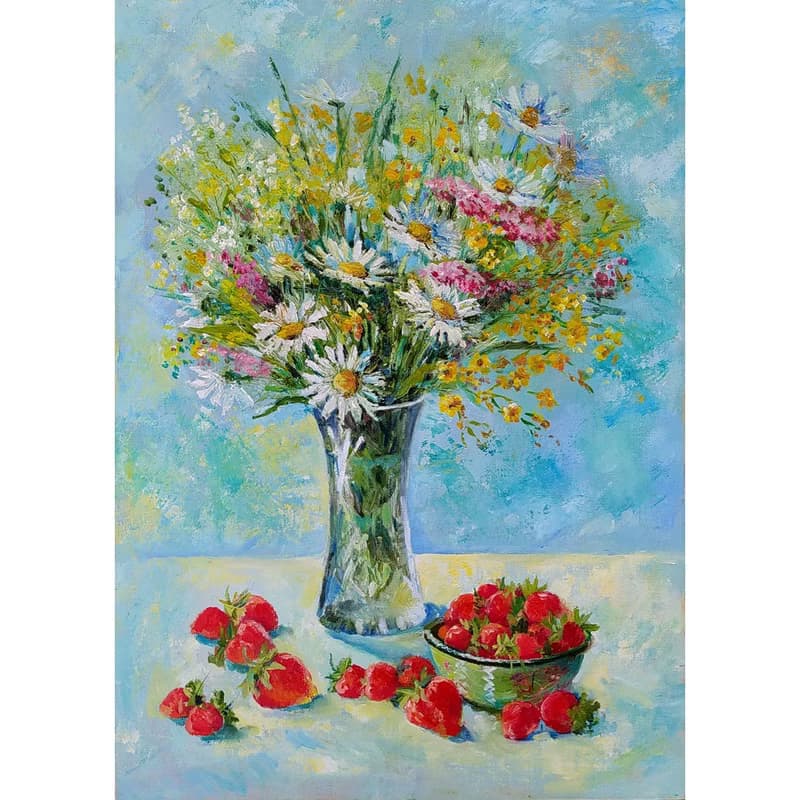 Daisy Painting Flowers Original Art Bouquet of flowers Wild flowers and berries