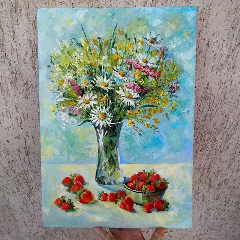 Daisy Painting Flowers Original Art Bouquet of flowers Wild flowers and berries