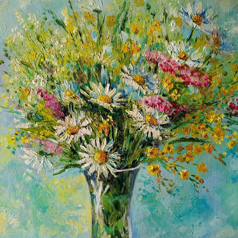 Daisy Painting Flowers Original Art Bouquet of flowers Wild flowers and berries