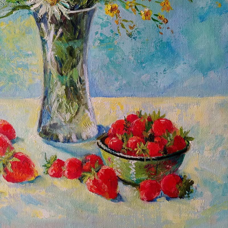 Daisy Painting Flowers Original Art Bouquet of flowers Wild flowers and berries