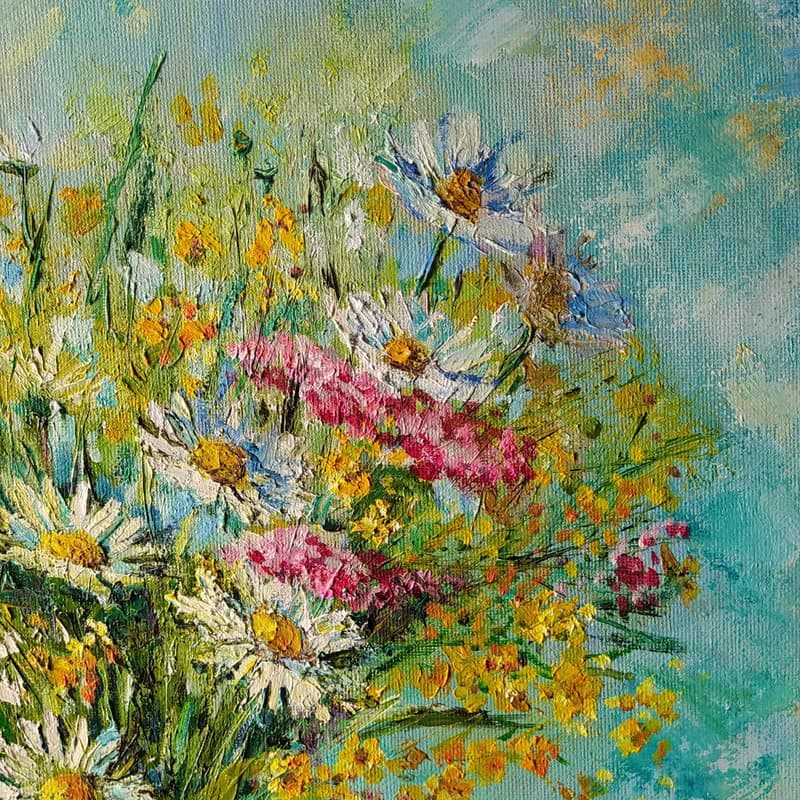 Daisy Painting Flowers Original Art Bouquet of flowers Wild flowers and berries