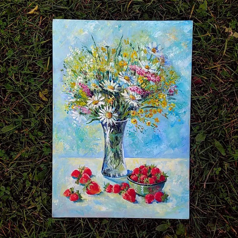 Daisy Painting Flowers Original Art Bouquet of flowers Wild flowers and berries
