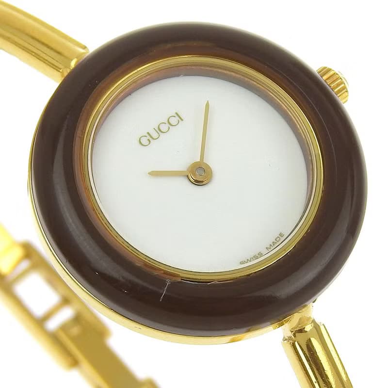 【日本直送】グッチ GUCCI チェンジベゼル 腕時計 11/12.2 金メッキ クオーツ アナログ表示 白文字盤 レディース【中古】