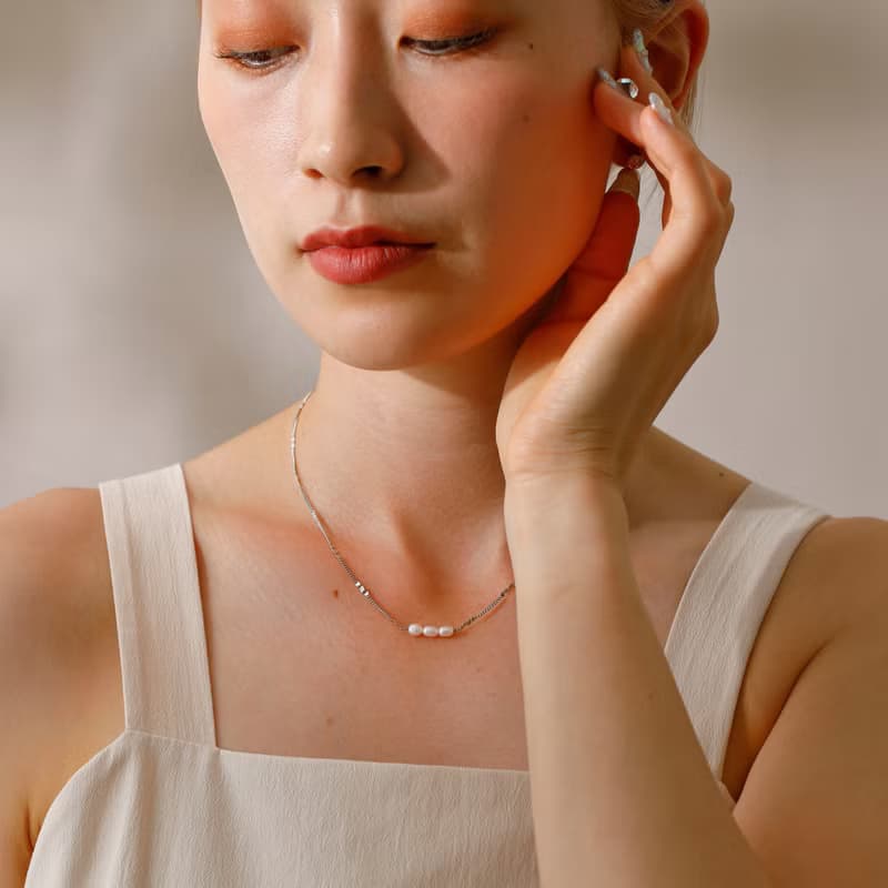 【Pinkoi限定】3 pearl dots magnet necklace SV ニッケルフリー マグネット　 淡水パール　チェーンネックレス　シルバー