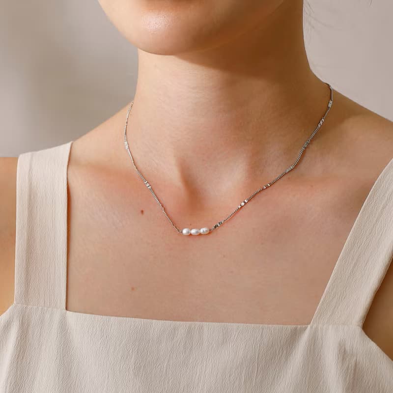 【Pinkoi限定】3 pearl dots magnet necklace SV ニッケルフリー マグネット　 淡水パール　チェーンネックレス　シルバー