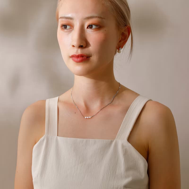 【Pinkoi限定】3 pearl dots magnet necklace SV ニッケルフリー マグネット　 淡水パール　チェーンネックレス　シルバー