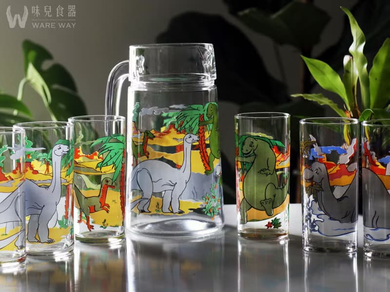 早期壺杯組－恐龍樂園 (餐具/舊貨/老物/玻璃/圖案/花樣)