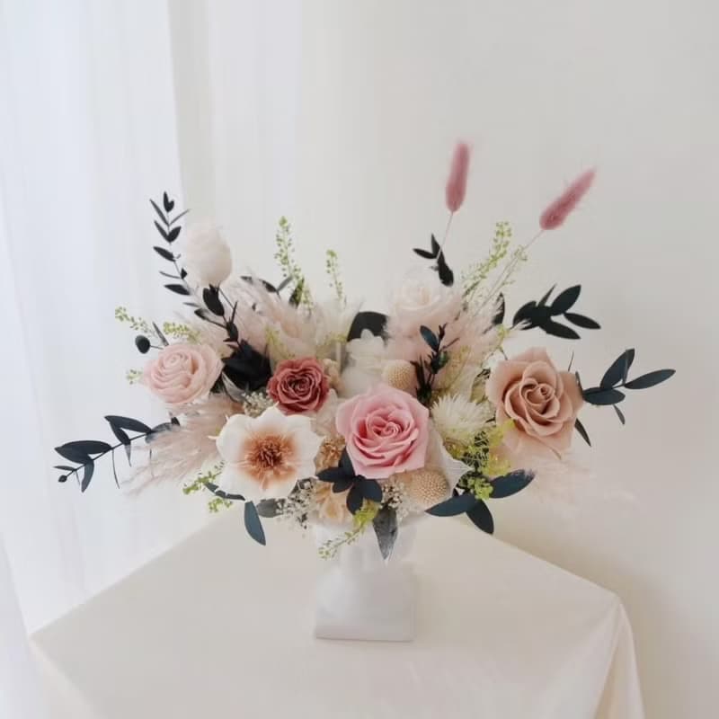 古典高腳花翁永生盆花 奶茶粉永生花 永生玫瑰花 開幕盆花