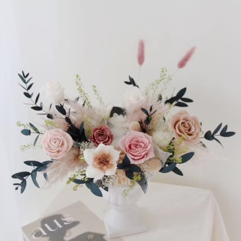 古典高腳花翁永生盆花 奶茶粉永生花 永生玫瑰花 開幕盆花