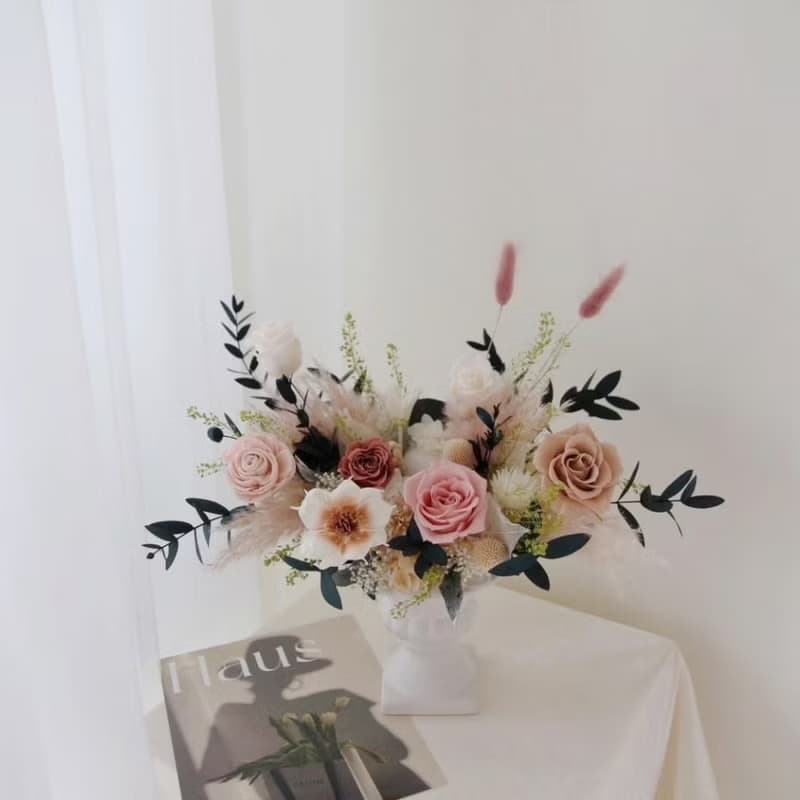 古典高腳花翁永生盆花 奶茶粉永生花 永生玫瑰花 開幕盆花