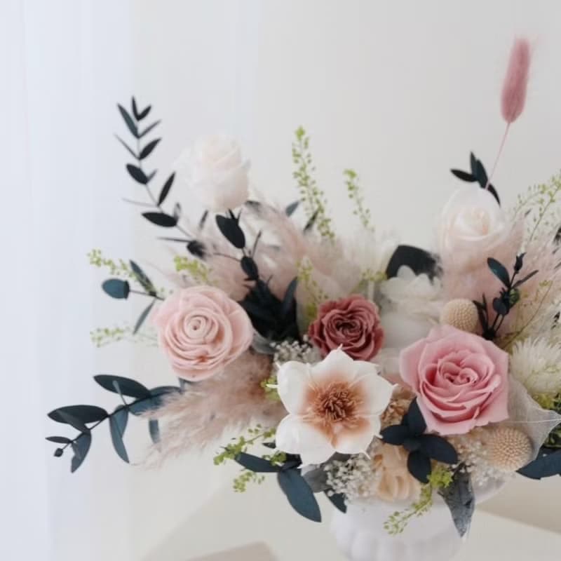 古典高腳花翁永生盆花 奶茶粉永生花 永生玫瑰花 開幕盆花