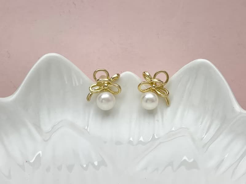 金色絲帶 天然淡水珍珠  純銀 耳環