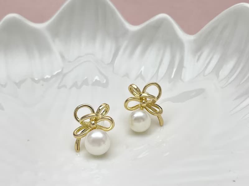 金色絲帶 天然淡水珍珠  純銀 耳環