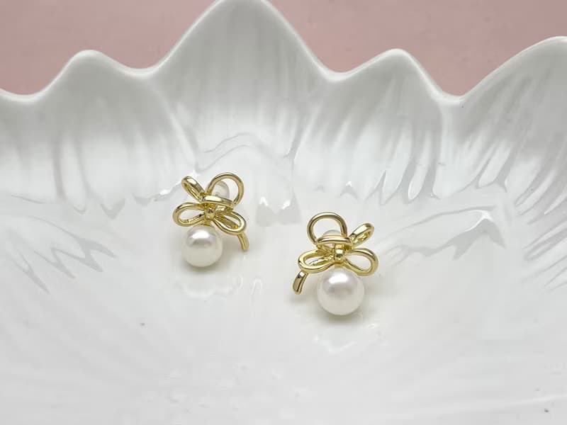 金色絲帶 天然淡水珍珠  純銀 耳環