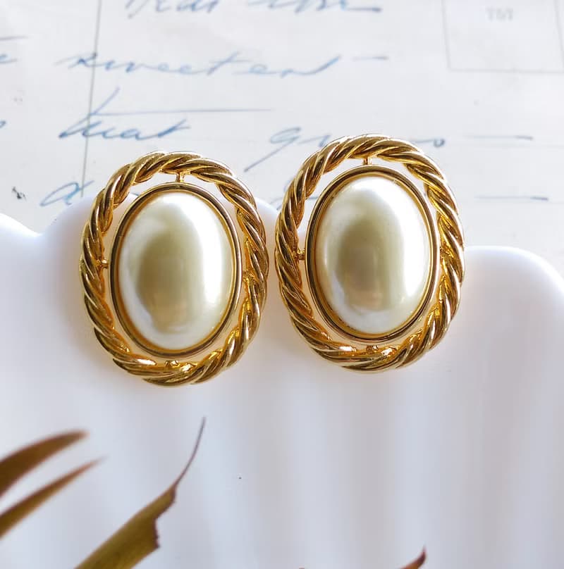 Vintage Jewelry 西洋古董飾品 KJL 優雅仿珠 針式耳環