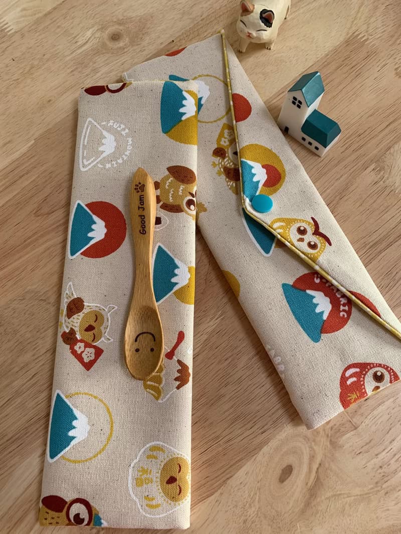 文青風環保純棉筷袋 抱福貓頭鷹 原胚米白  日本 潮物 收納 手作