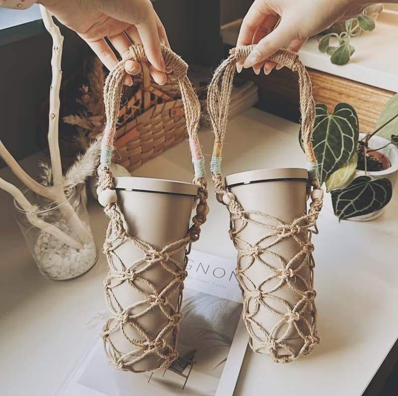 MACRAME 環保編織水壺提袋.麻繩窗花飲料袋