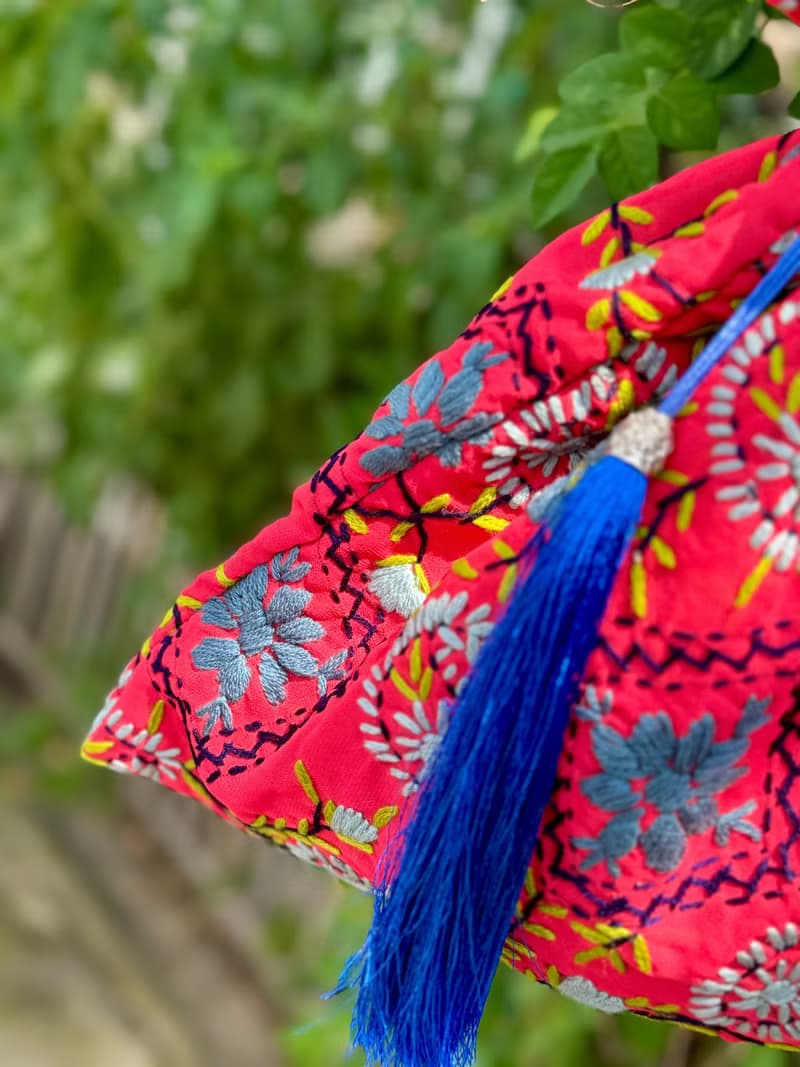 手工刺繡 橙紅色 花卉 索繩束口 手袋 手提包