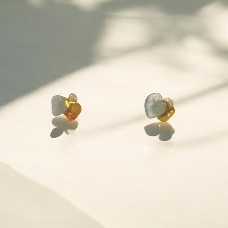 三花撞色金繼天然石耳環