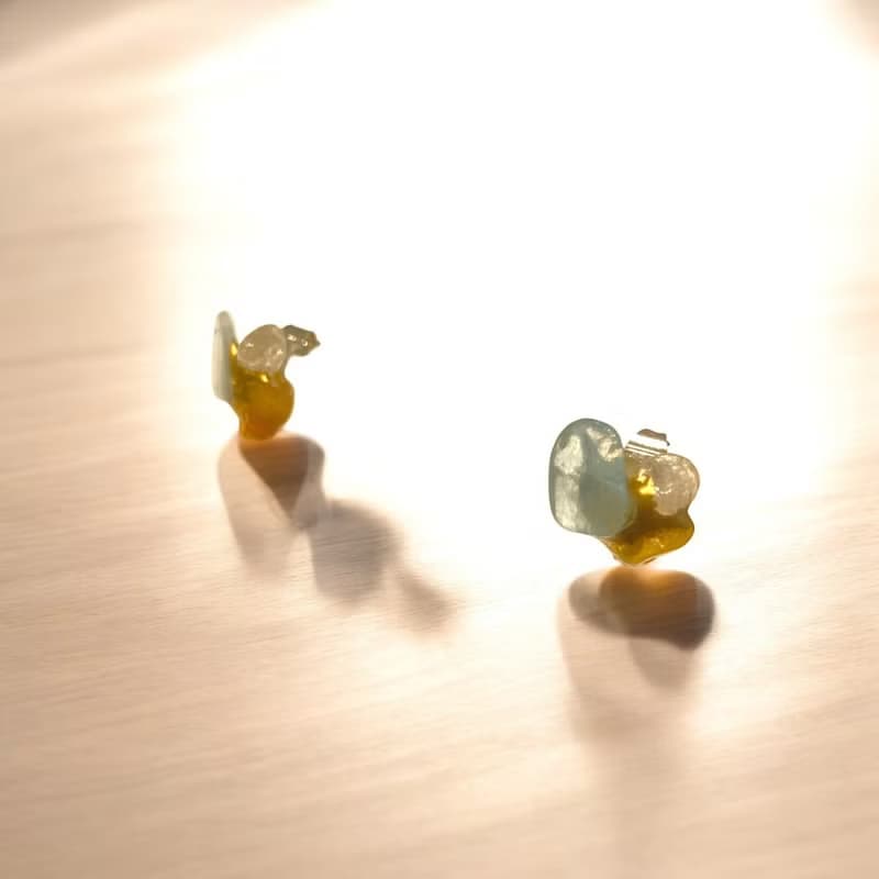 三花撞色金繼天然石耳環