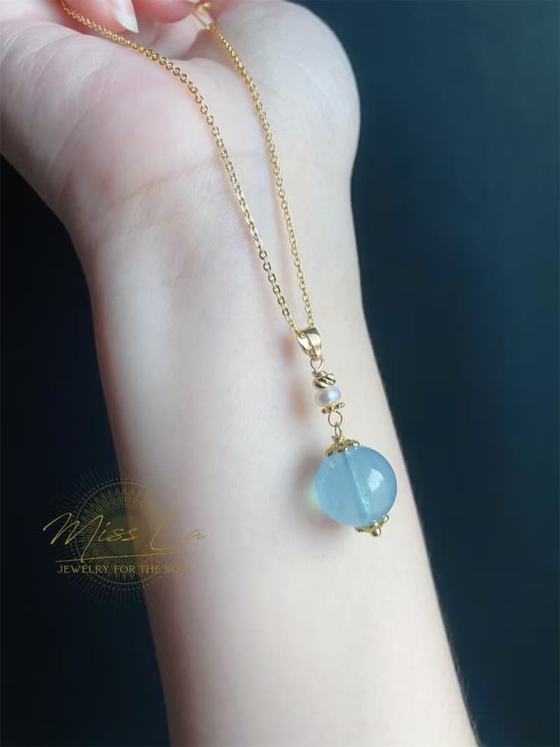天然 氣質 海藍寶 手作吊墜 水晶 項鍊 禮物 珍珠 生日