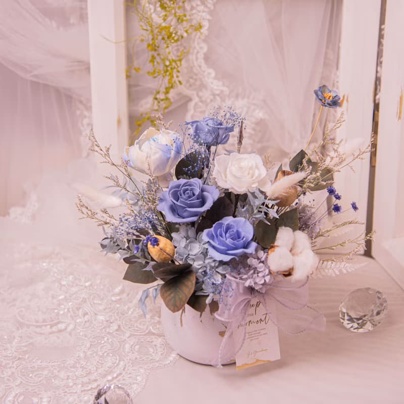 【莫蘭迪】藍紫色 永生花 乾燥花開幕盆栽 新居賀禮 / 升遷 桌花