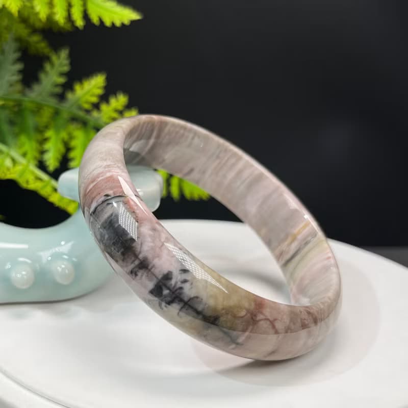 優質 緬甸樹化玉手鐲 61MM 冰潤高瓷結晶天眼千層年輪紋多彩 招財