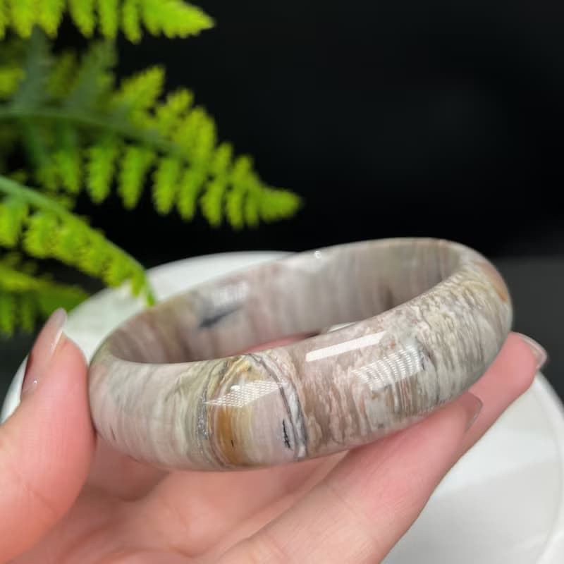 優質 緬甸樹化玉手鐲 61MM 冰潤高瓷結晶天眼千層年輪紋多彩 招財