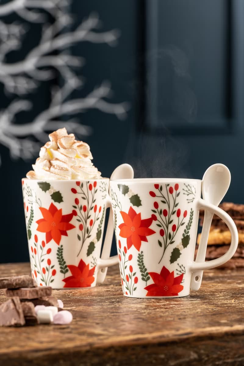 英國Aynsley 聖誕系列 聖誕紅白底陶瓷馬克杯匙組300ml 2組入
