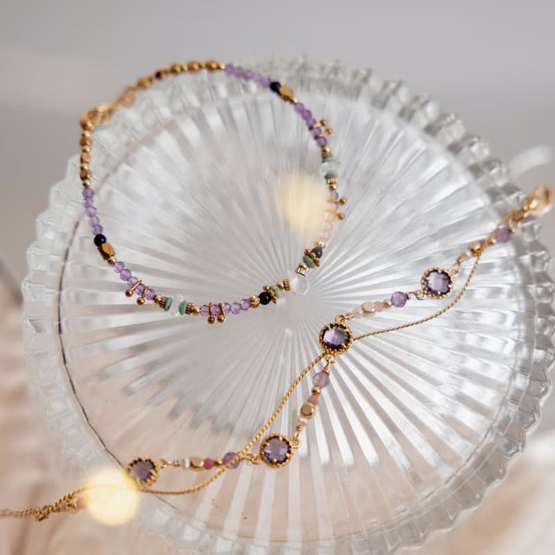 貴人 x 紫水晶 珍珠 粉碧璽 琉璃【星夜裡的人 • 極光】手鍊