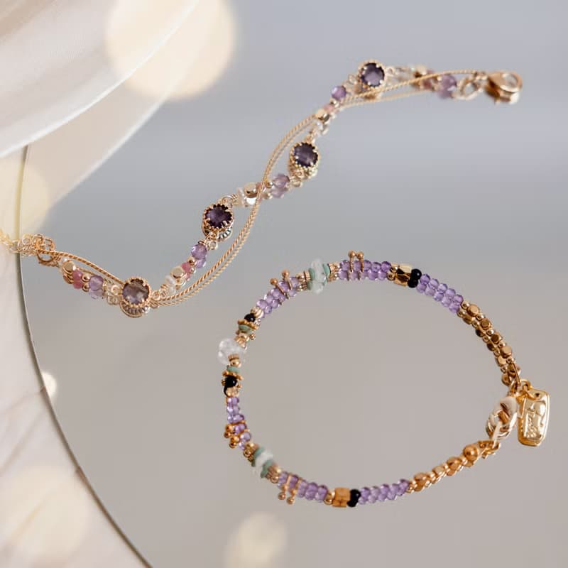 貴人 x 紫水晶 珍珠 粉碧璽 琉璃【星夜裡的人 • 極光】手鍊