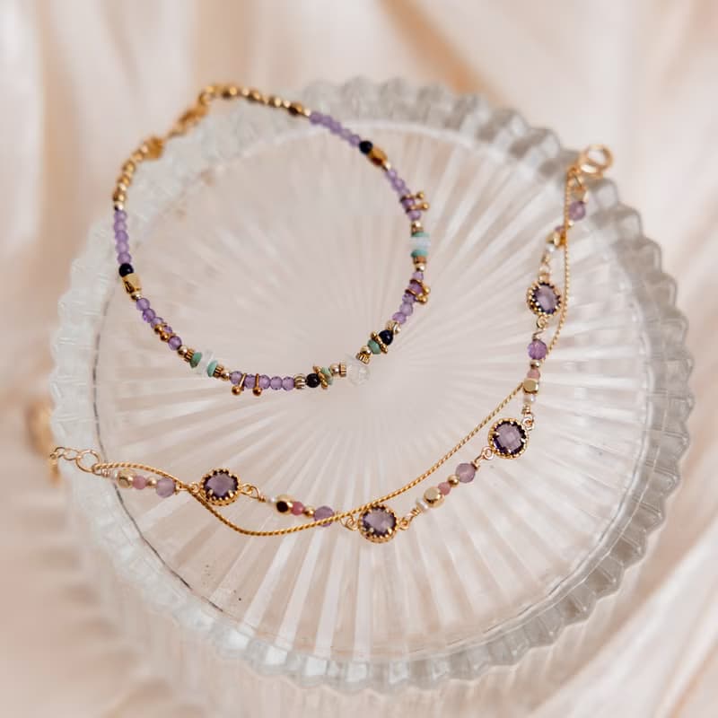 貴人 x 紫水晶 珍珠 粉碧璽 琉璃【星夜裡的人 • 極光】手鍊