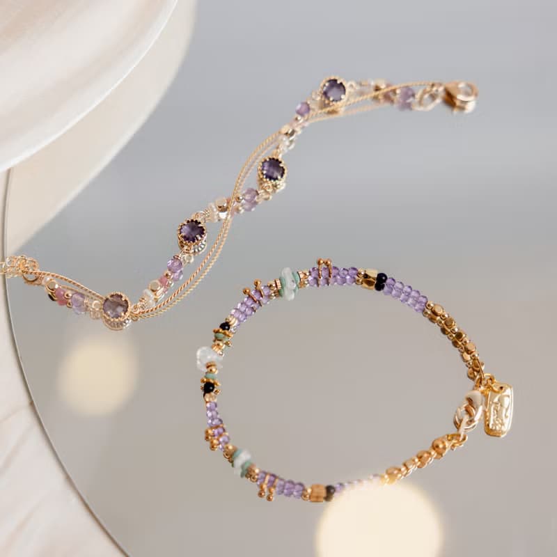 貴人 x 紫水晶 珍珠 粉碧璽 琉璃【星夜裡的人 • 極光】手鍊
