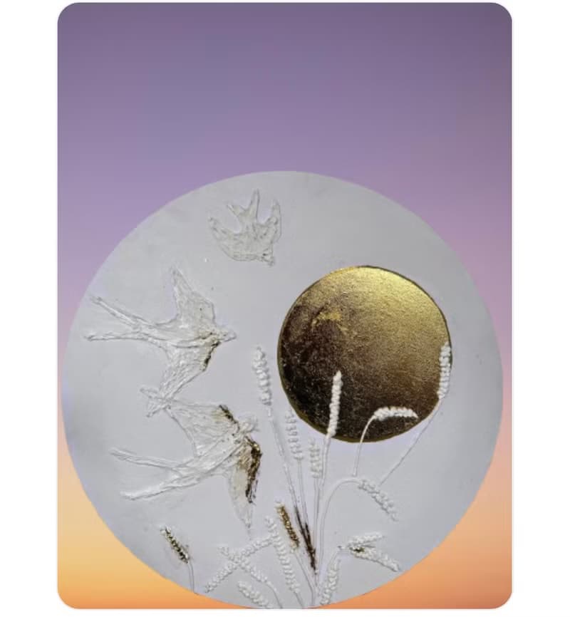 Swallows - Sculptural  modern wall art. White bas-relief with gold leaf 3d