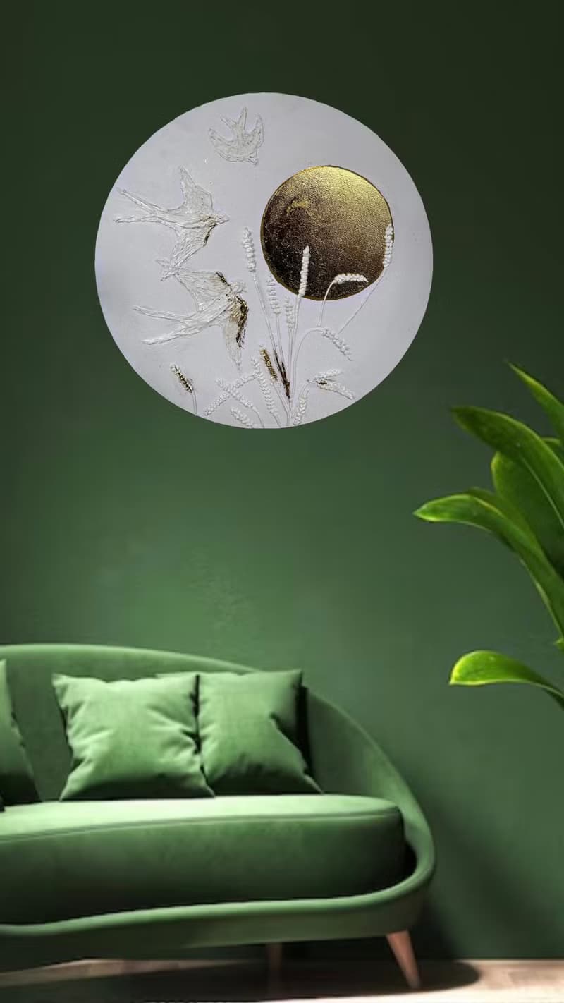 Swallows - Sculptural  modern wall art. White bas-relief with gold leaf 3d