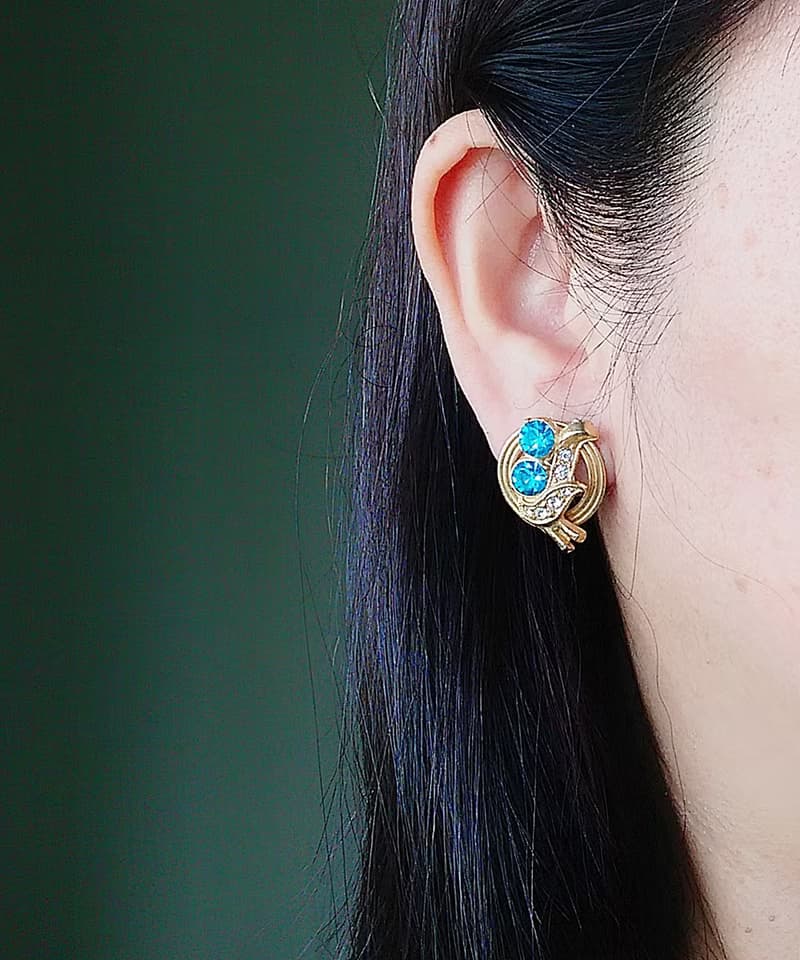 Vintage Jewelry 西洋古董飾品 氣質 對稱 湖水藍 栓式耳環